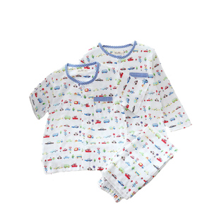 春夏薄款儿童睡衣男童夏空调服纯棉纱布长袖短袖长裤三件套家居服