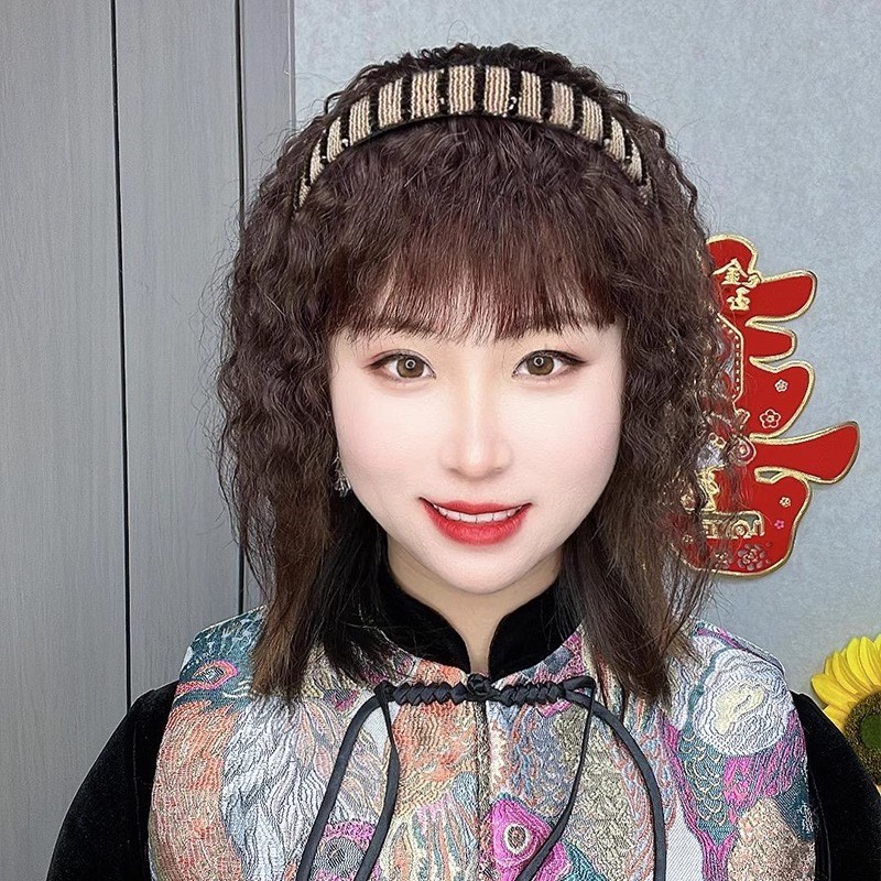 假发女刘海发箍一体遮白发头顶补发片中老年真发宽发箍刘海卷发片
