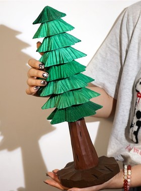 圣诞节手工木雕小摆件松树雪人老人麋鹿实木雕刻节日氛围感装饰品