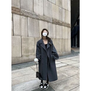 Xinlei lin  廓形大袖兔绒羊毛长毛双面呢大衣棕灰双色毛呢外套