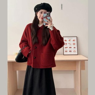 圣诞新年红色毛呢外套女冬季新款高级感小个子宽松短款呢子大衣