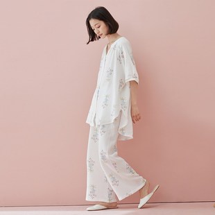三件套装 睡衣女夏季 白色宽松高级感家居服时尚 短长裤 纯棉纱布短袖