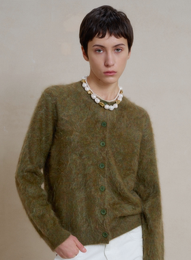 WITTYFOX纯羊绒水洗拉毛开衫极简风女长袖针织衫蓝色绿色毛衣外套