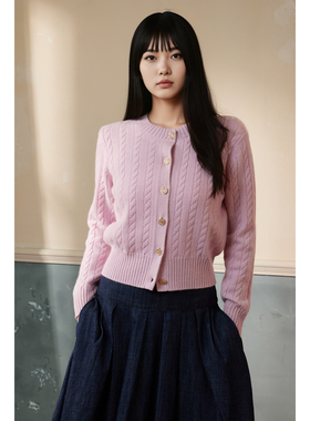 WITTY FOX复古绞花ji细羊毛针织开衫女毛衣外套套头衫