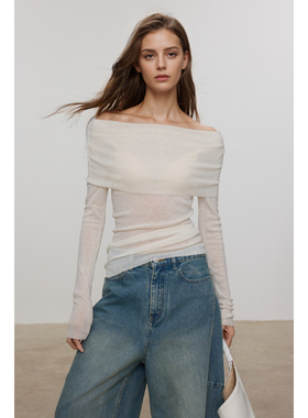 WITTYFOX水溶羊毛薄透时髦一字肩针织打底衫长袖上衣