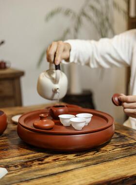 潮州准尼茶船紫砂茶盘手工家用鼓形铜钱功夫茶具干泡茶桌壶架10寸