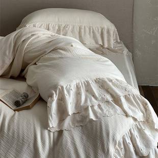 MOO高级感复古皱皱纱裸睡四件套全棉柔软蓬松双层纱被套床单四季