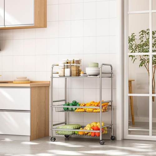 厨房置物架不锈钢落地多层可移动收纳架家用架子放杂物厨房用品