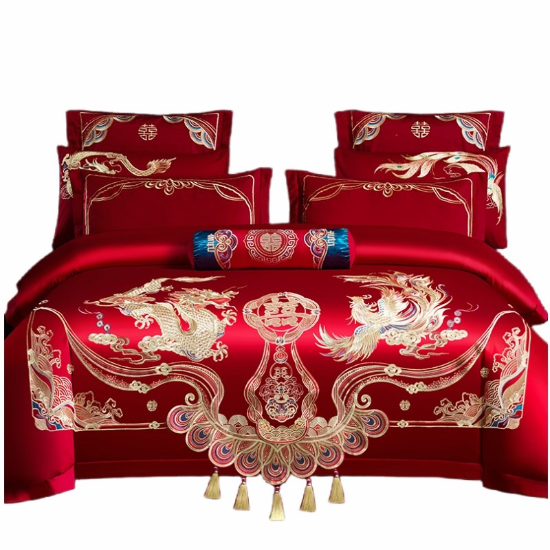 婚庆四件组大红色全棉喜庆被套结婚嫁床上用品纯棉新婚房礼龙凤刺