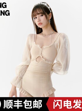 泳衣女2021新款爆款保守仙气韩C国连体长袖遮肉显瘦学生少女泡温