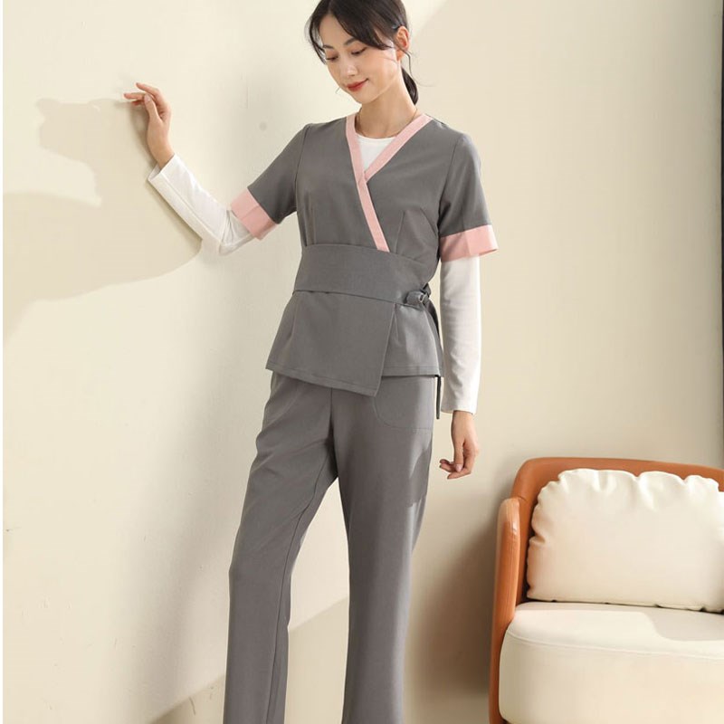 高级美容院美容师女工作服v养生会所头疗店技师灰色气质中袖套装