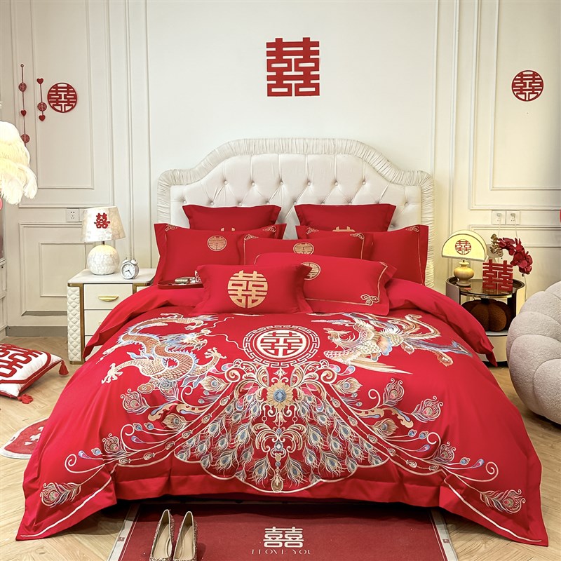 高档龙凤刺绣结婚四件套大红色新婚陪嫁被套纯棉婚庆床上用品婚房