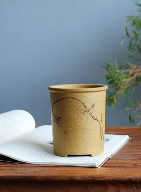 紫砂花盆圆形小笔筒m盆精品全手工芝麻段泥名家刻绘多肉兰花盆景