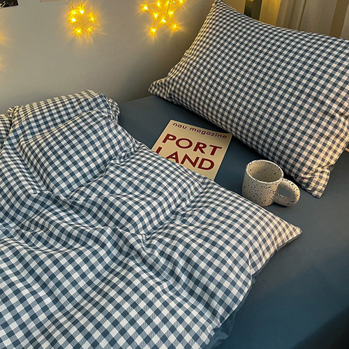 水洗棉学生宿舍床上三件套简约蓝小格被套床单人床高中生四件套男