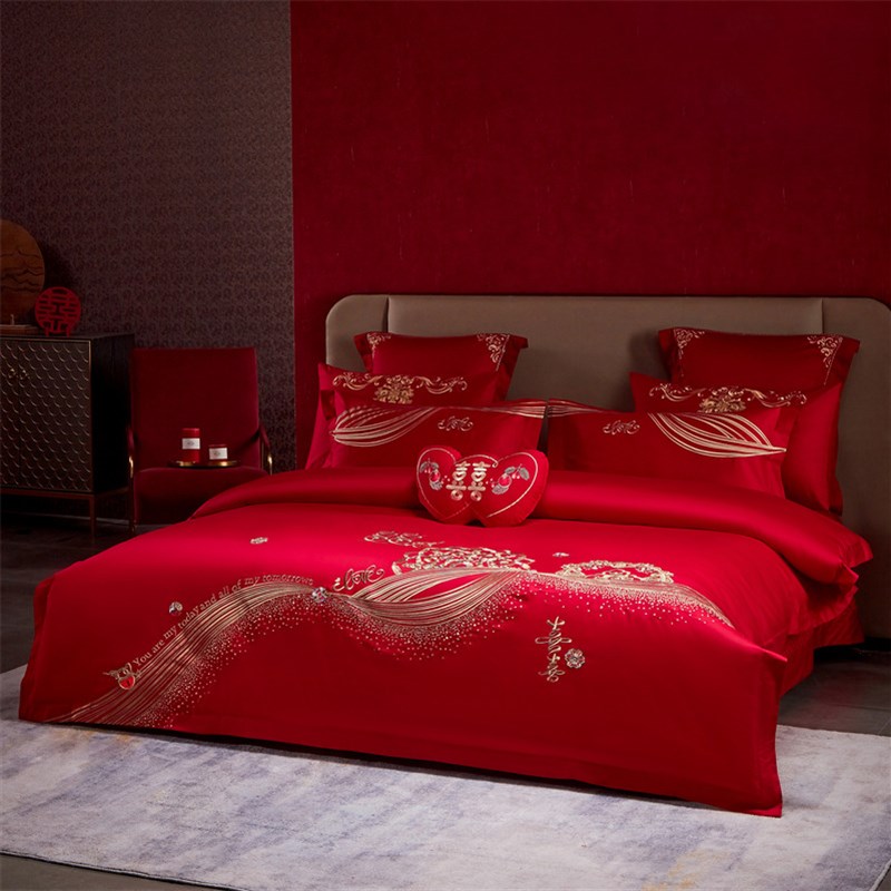 中式婚庆床上全棉四件套简约红色刺绣喜被套新婚床单纯棉结婚床品