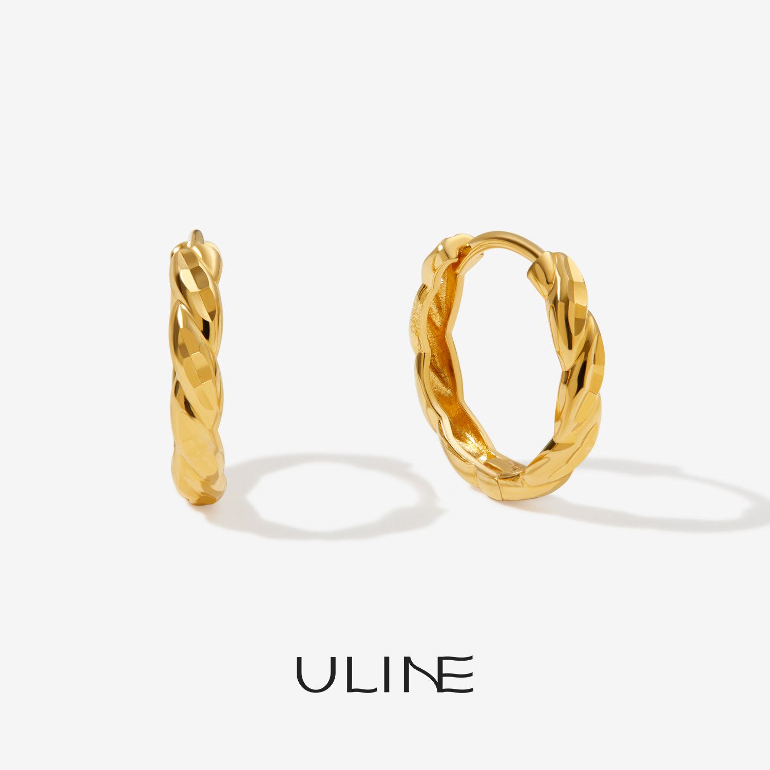 ULINE925银麻花耳圈纯银耳环圆圈耳饰金色大小耳扣睡觉免摘养耳洞