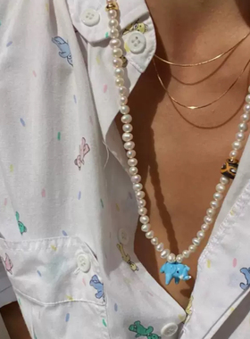 蓝色童趣小象项链天然珍珠串珠小众设计高级感项链