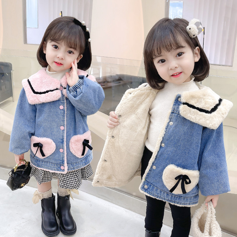 女童加绒牛仔外套2023新款童加厚保暖女宝宝秋冬装小孩童洋派韩版