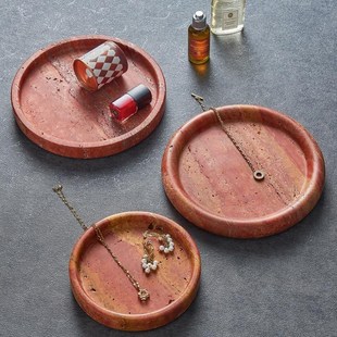 侘寂风红洞d石大理石收纳托盘洗手台售楼部香薰圆托盘置物收纳摆