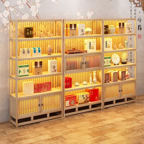 新中式实木茶叶展示柜茶室置物架货架陈列柜博古架多宝阁带灯