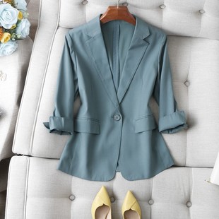 显白养眼!高及湖水绿修身显瘦七分袖透气棉麻含丝西装外套女25春
