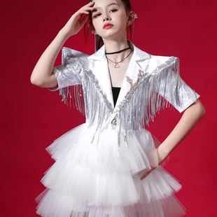 女童走秀礼服模特潮服白色舞台表演服蓬蓬裙女孩钢琴主持人演出服