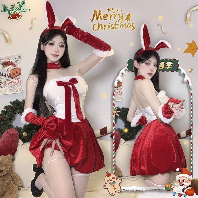 圣诞床上红色抹胸连衣裙女秋冬气质高级感节蓬蓬公主裙子战袍