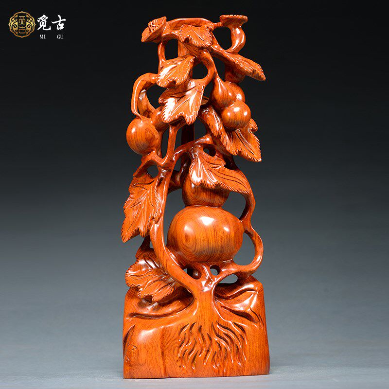 花梨木雕刻五福临门葫芦摆件根雕红木中式客厅装饰品开业乔迁礼品