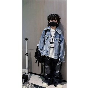 春秋男女大童复古水洗做旧毛边牛仔休闲外套潮酷炸街短款 夹克上衣