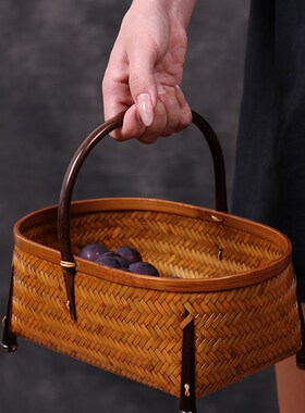 手工竹编大漆提篮桌面复古茶具收纳筐中式家用水果篮可携式手提竹