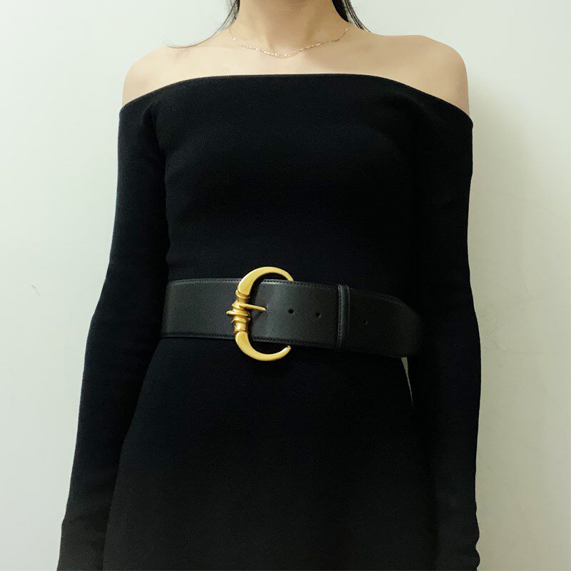 黄铜浮雕针扣牛皮腰封优雅真皮女士宽腰带连衣裙装饰宽皮带黑色