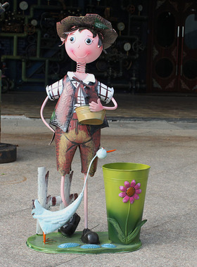 北欧创意铁皮娃娃卡通落地插干花装饰品户外花盆天鹅摆件庭院花园