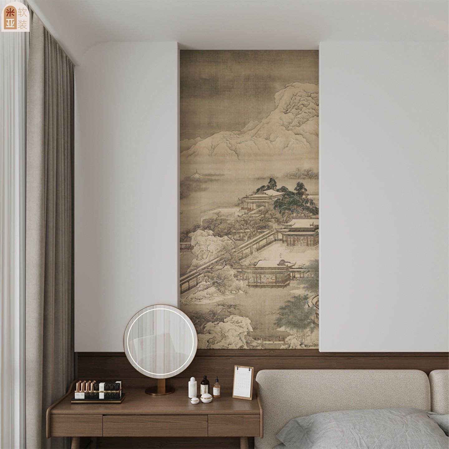 古画山水画玄关墙面装饰贴画茶室中国画背景墙客厅推拉门贴纸定制