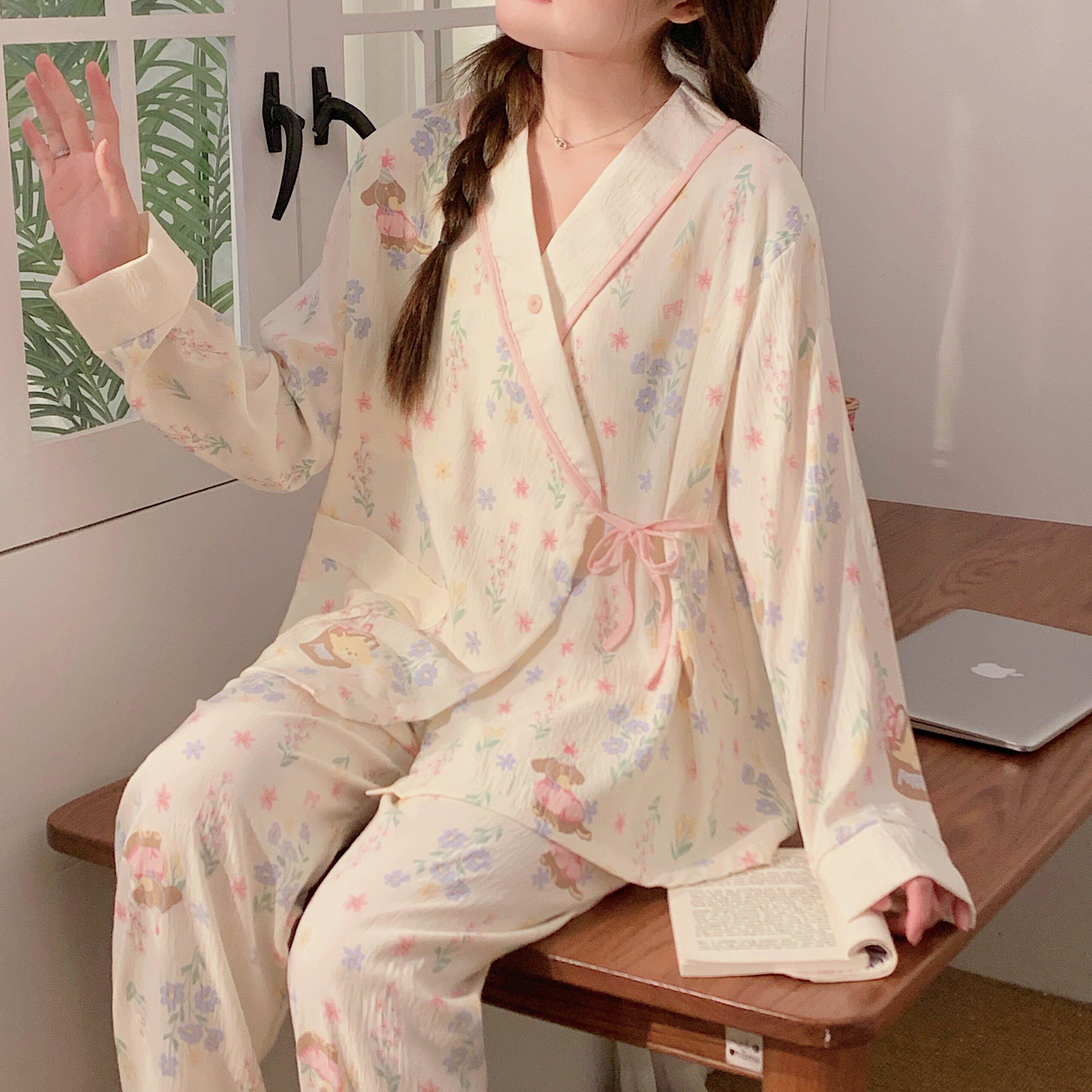 孕妇睡衣女夏季薄款怀孕期待产云朵棉和服月子服带胸垫产后哺乳衣