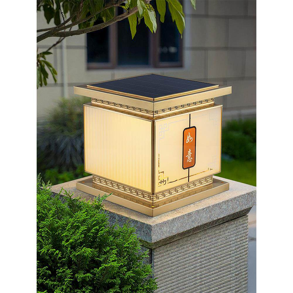 全铜太阳能柱灯、新中式高端别墅花园灯、户外门两侧防水柱灯