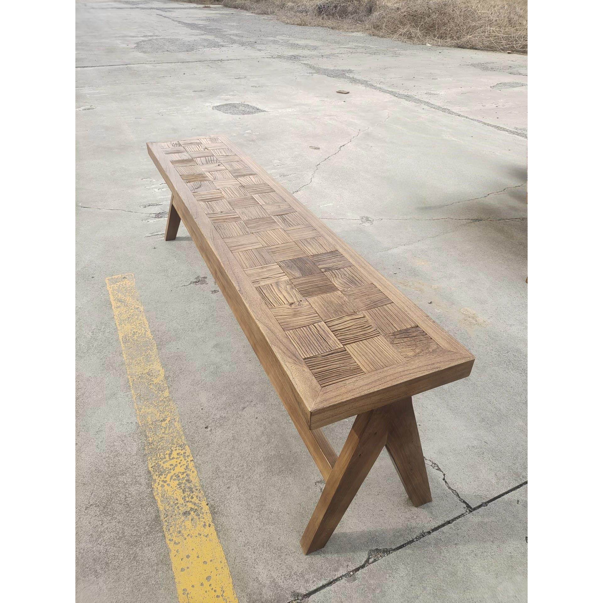民宿老榆木长凳棋盘格拼花长条凳实木床尾凳现代简约家用餐凳定制