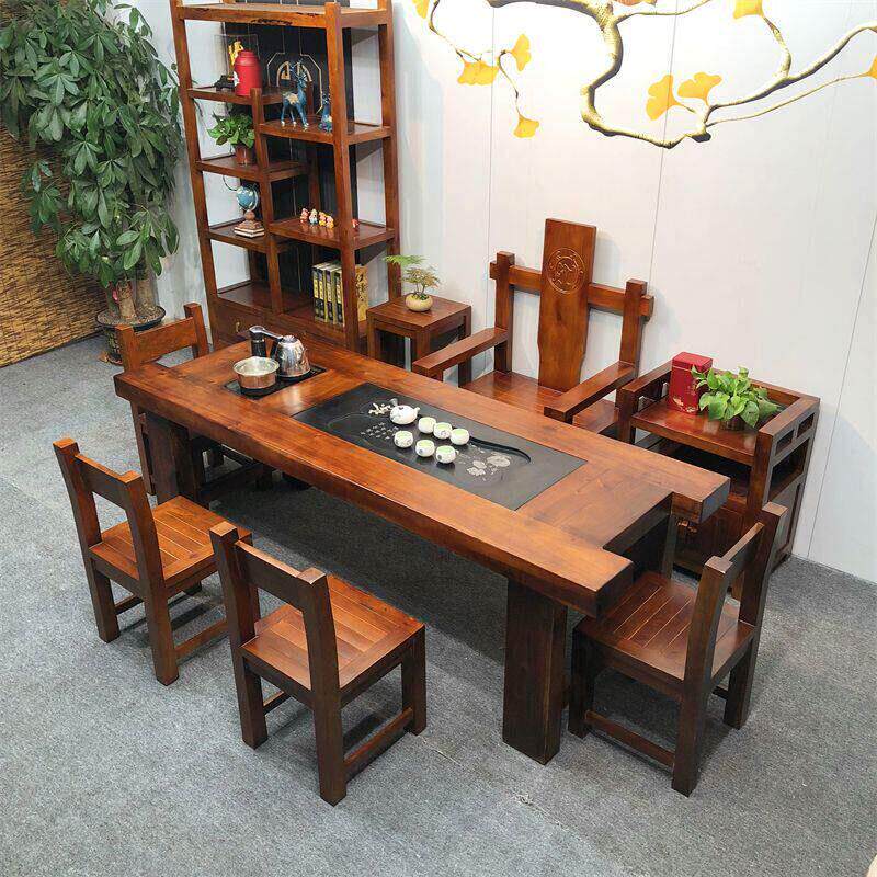 老船木茶桌椅组合办公室一体茶几实木一桌五椅泡茶台家用茶桌套装