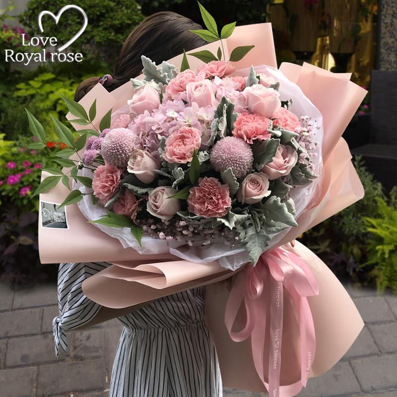 杭州鲜花速递同城玫瑰花康乃馨混搭花束长辈妈妈生日订花店送上门