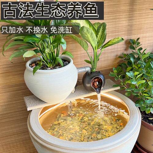 泥鳅专用缸古法生态水缸养鱼养虾循环流水造景庭院阳台鱼缸摆件