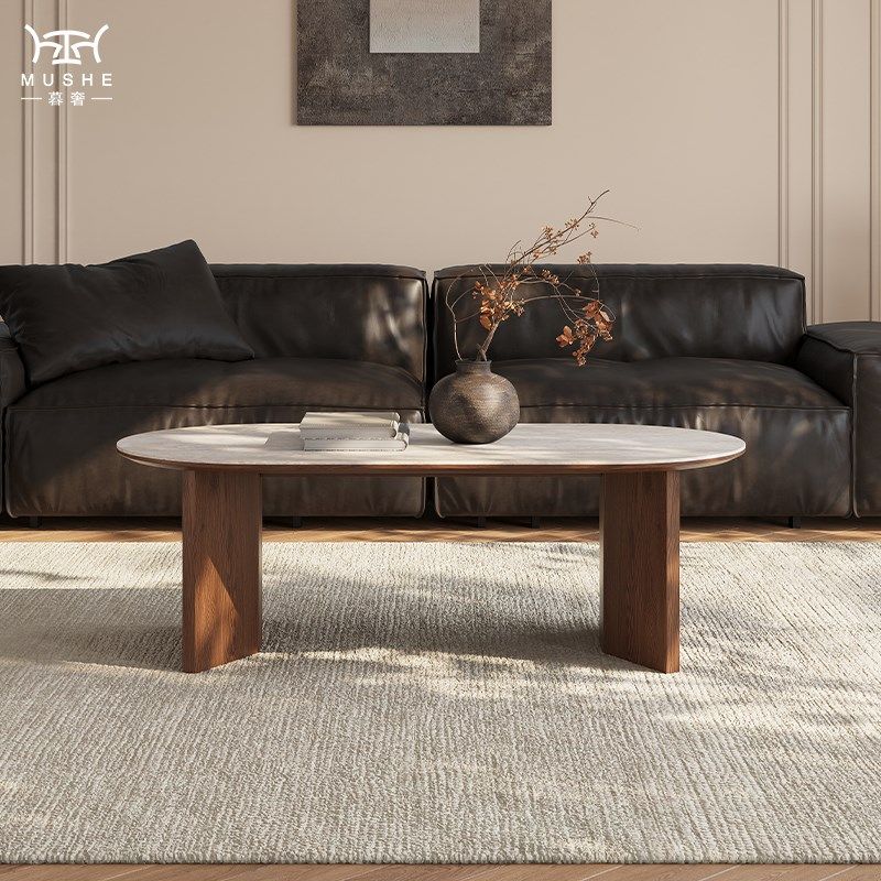 暮奢法式椭圆形洞石岩板茶几复古客厅家用简约创意实木茶几