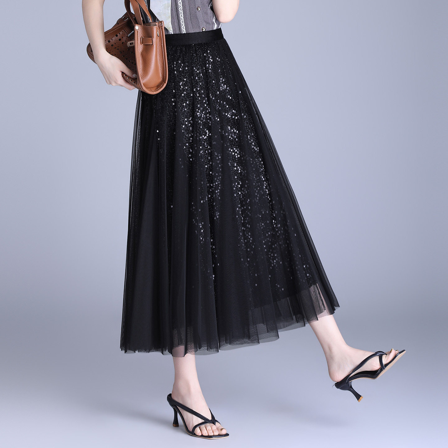 轻奢女装2026春夏新款优雅修身气质出众亮片高腰中长款网纱半身裙