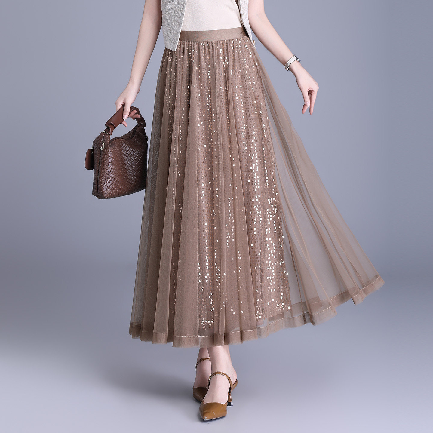 【白月皎洁】亮片网纱半身裙女2026春夏季超仙新款大裙摆仙女裙子