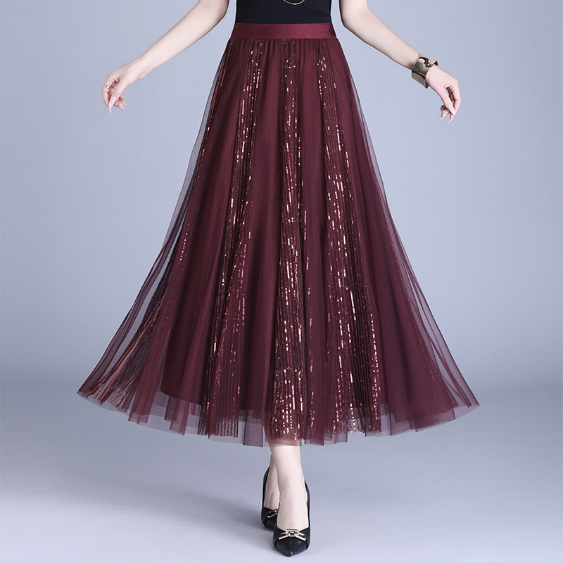 新款网纱裙亮片半身裙女秋冬季小个子中长款高腰a字裙中长款裙子,女装/女士精品,半身裙,淘宝优惠券,粉丝福利购,淘宝优惠卷