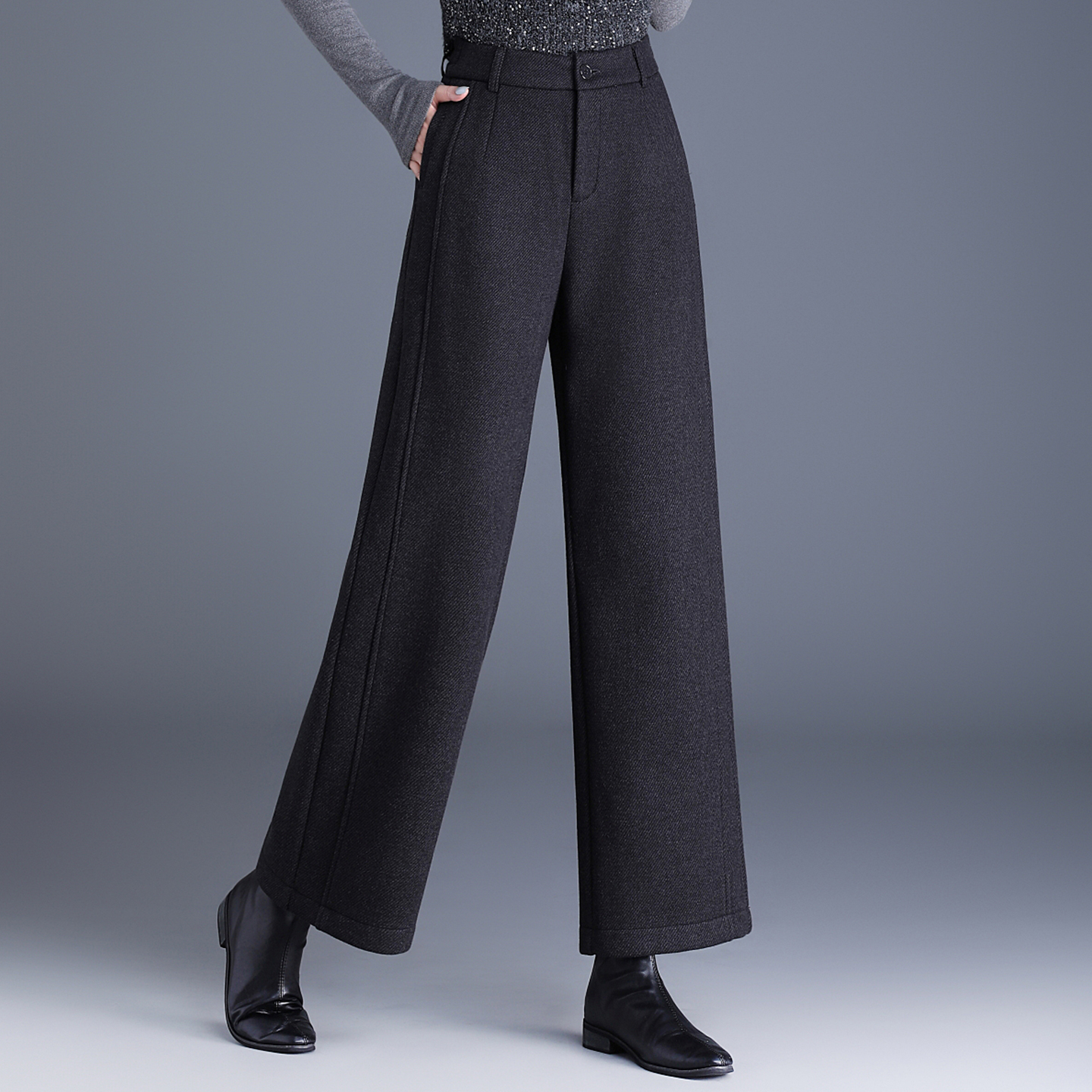 高腰毛呢阔腿裤女秋冬直筒九分裤