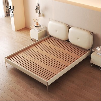 AcrCoi/奶油风现代简约不锈钢真皮小户型公主卧室软包皮艺床