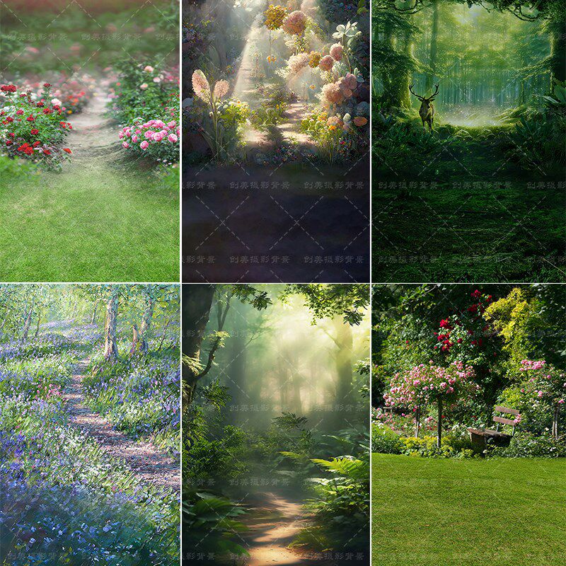 影楼儿童室内影棚油画森林拍照背景纸梦幻童话春天森林写真喷绘布