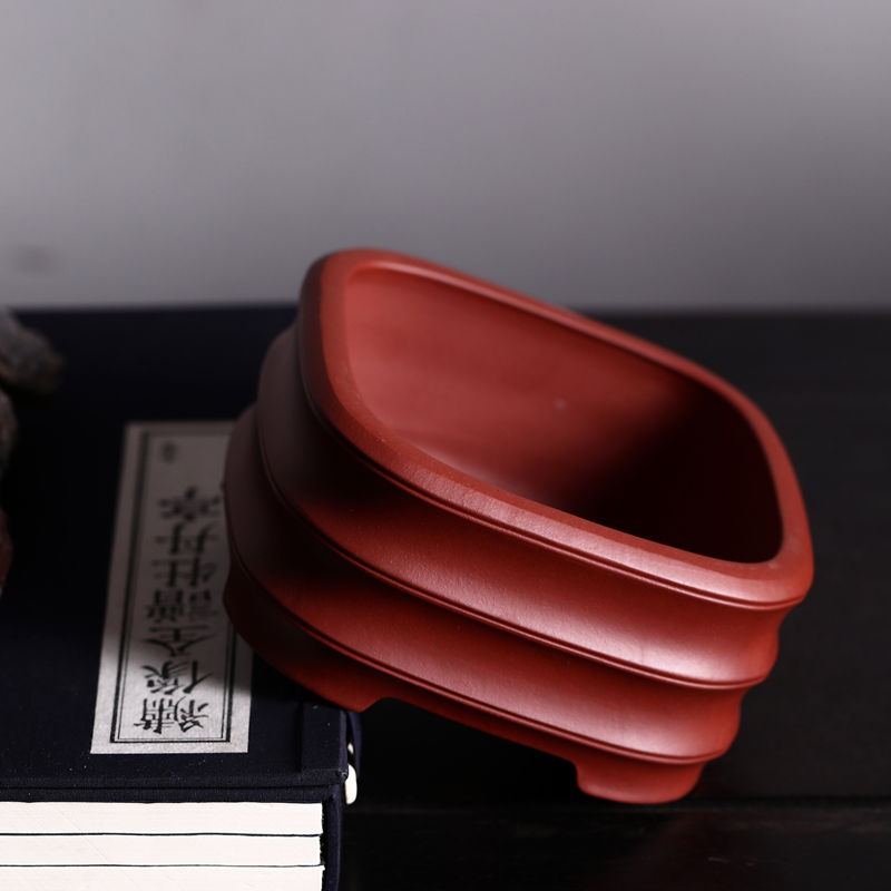 紫砂花盆正方形盆景盆精品朱泥大红袍竹节盆民间艺人冯长根制作