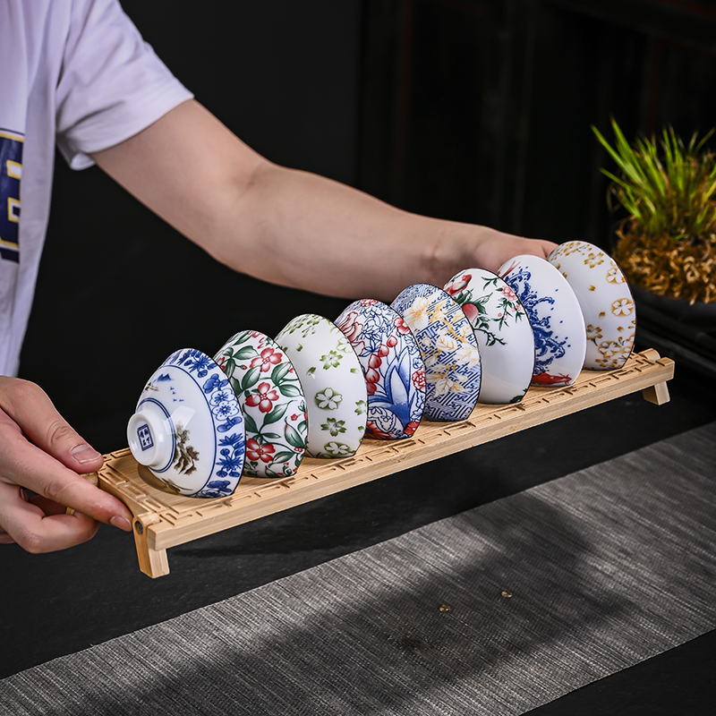 功夫茶杯套装青花瓷斗笠杯复古陶瓷釉下彩品茗杯8个仿古茶盏茶碗