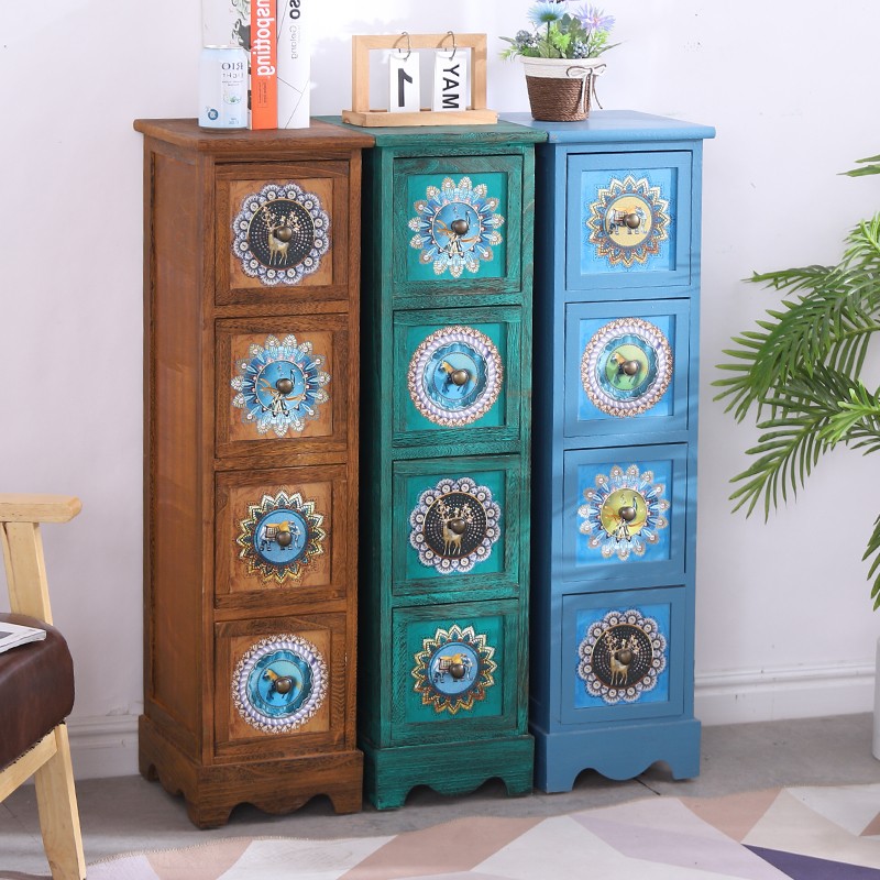 彩绘实木斗柜卧室收纳柜美式客厅木制复古储物柜夹缝抽屉式整理柜