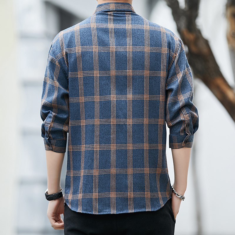 七分袖格子衬衫男男士休闲短袖衬衣工装中袖外套大码男装